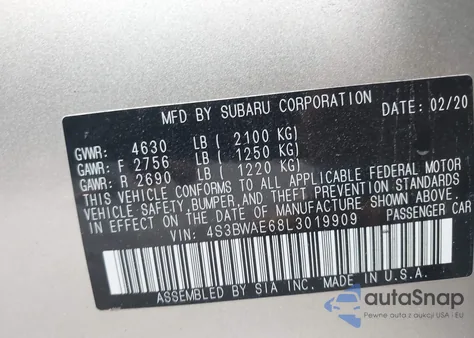 2020 Subaru Legacy Premium z USA, uszkodzony, nr VIN 4S3BWAE68L3019909